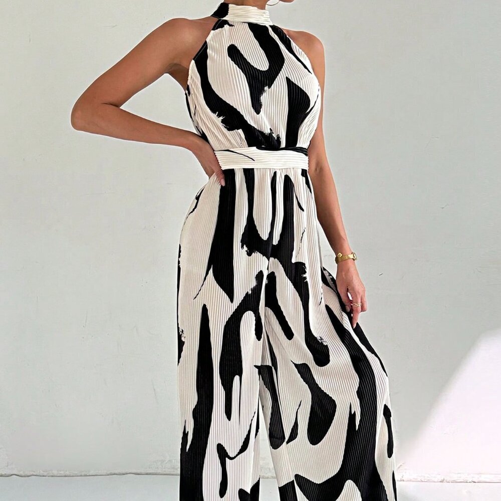 Black and White Casual Women's Elegant Commuting Loose Long Jumpsuit - Picture 3 of 7